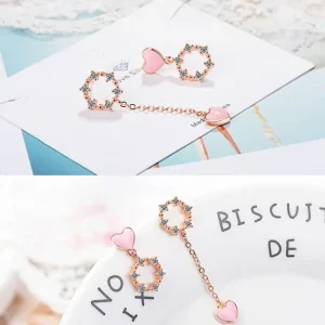 Pink Love Heart Asymmetrical Örhängen 925 sterling Silver<VSmycken Discount